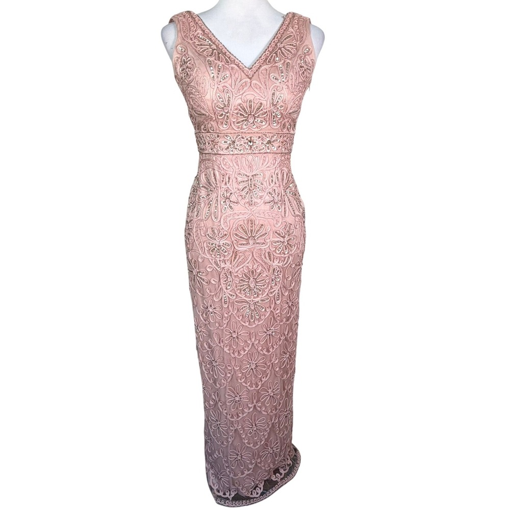 SUE WONG NOCTURNE NWT Size 0 Pink Floral Lace Soutache Bead Cowl Back Gown Dress